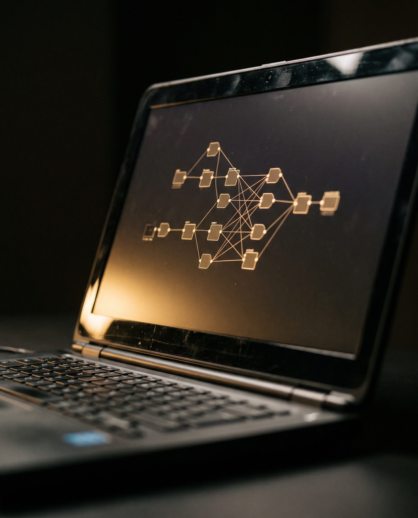 Laptop screen showing an abstract glowing workflow diagram